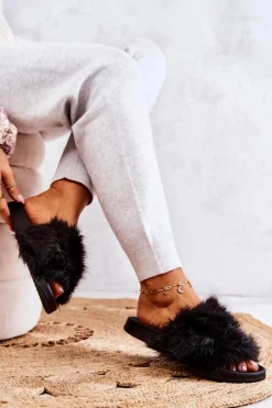 Klapki Z Futerkiem|Klapki Damskie Klasyczne>Boto Klapki Z Futerkiem Gumowe Czarne Pollie Czarny