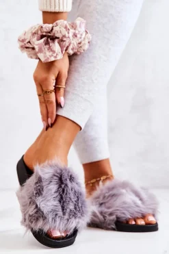 Klapki Z Futerkiem|Klapki Damskie Klasyczne>Boto Klapki Z Futerkiem Gumowe Szare Pollie