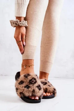 New Boto Klapki Z Futerkiem Gumowe Panterka Brązowe Noelle
