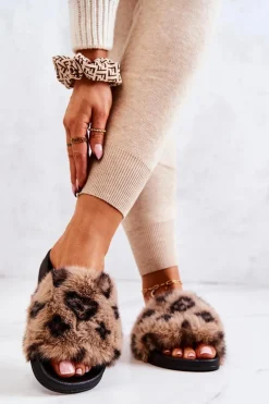 New Boto Klapki Z Futerkiem Gumowe Panterka Brązowe Noelle