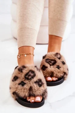 New Boto Klapki Z Futerkiem Gumowe Panterka Brązowe Noelle