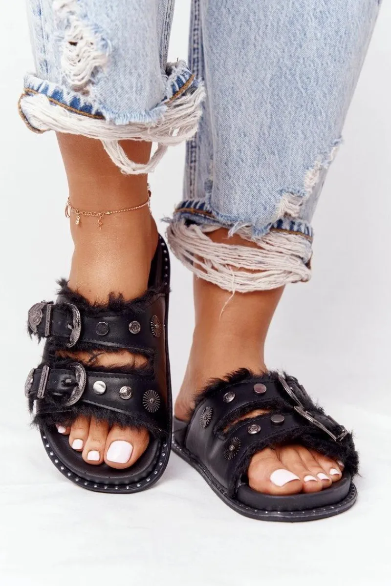 Hot Boto Klapki Z Klamrami I Futerkiem Czarne Lydi