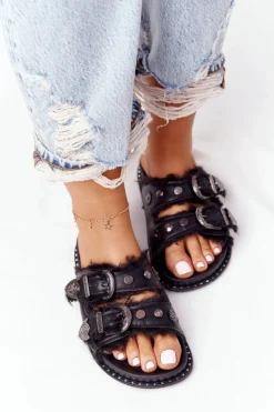 Hot Boto Klapki Z Klamrami I Futerkiem Czarne Lydi