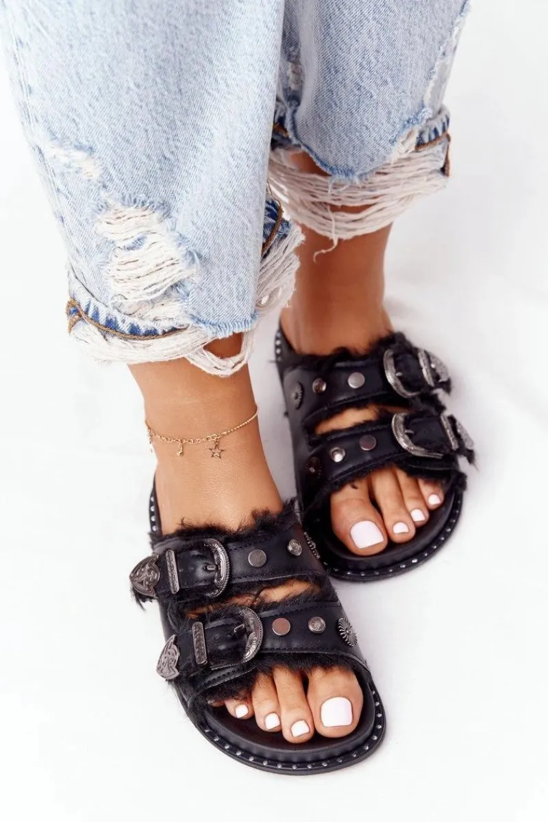 Hot Boto Klapki Z Klamrami I Futerkiem Czarne Lydi