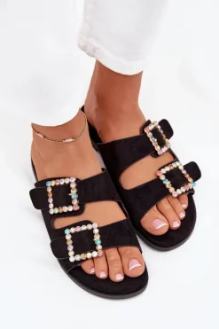 Klapki Damskie Klasyczne>Boto Klapki Z Klamrami Na Płaskim Obcasie Czarne Tovira Czarny