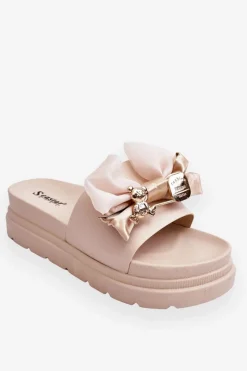 Klapki Damskie Klasyczne>Boto Klapki Z Kokardą I Ozdobnym Misiem Beżowe Suzy