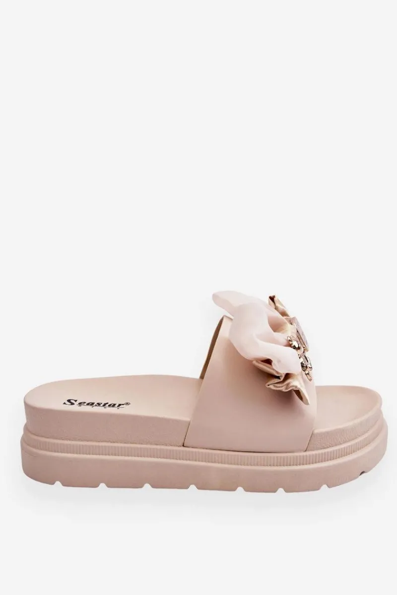 Klapki Damskie Klasyczne>Boto Klapki Z Kokardą I Ozdobnym Misiem Beżowe Suzy