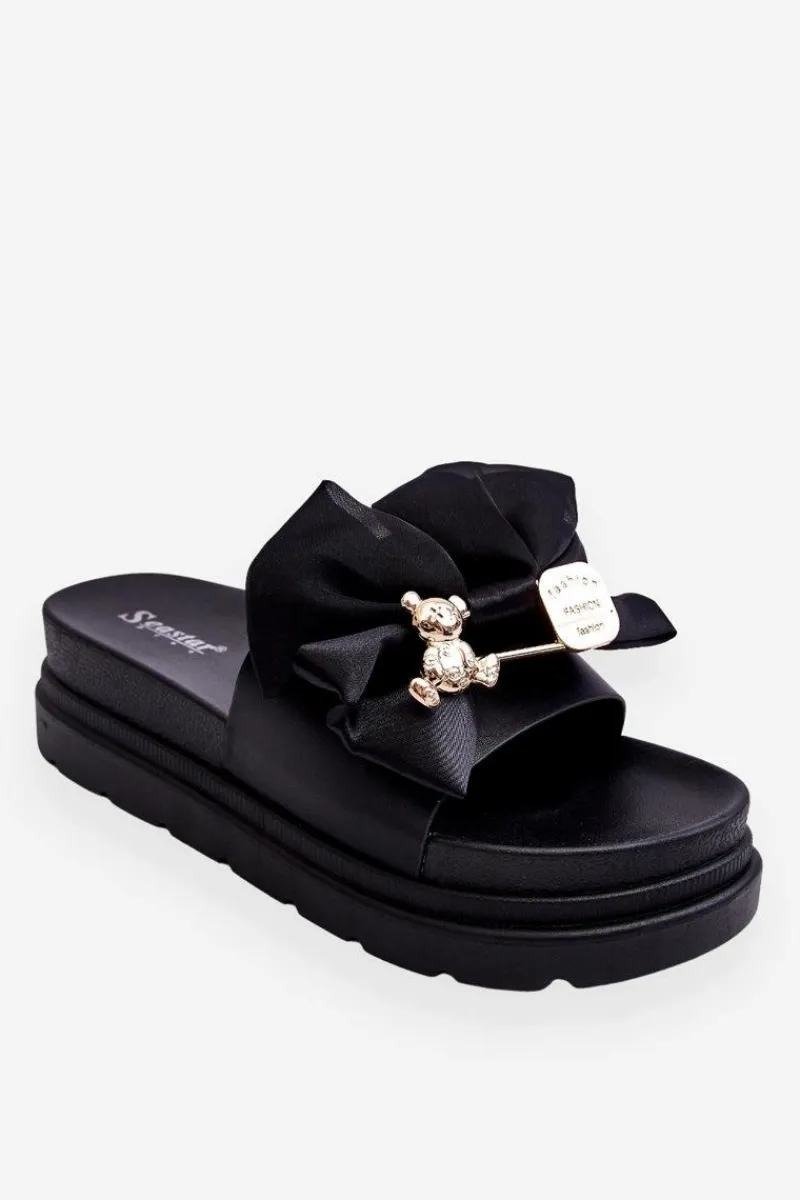Outlet Boto Klapki Z Kokardą I Ozdobnym Misiem Czarne Suzy