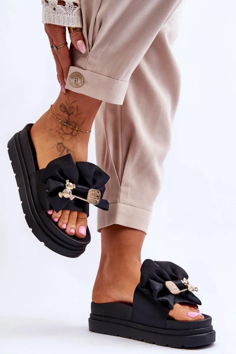Outlet Boto Klapki Z Kokardą I Ozdobnym Misiem Czarne Suzy