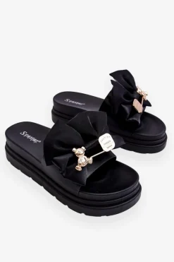 Outlet Boto Klapki Z Kokardą I Ozdobnym Misiem Czarne Suzy