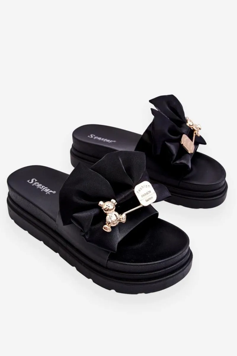 Outlet Boto Klapki Z Kokardą I Ozdobnym Misiem Czarne Suzy