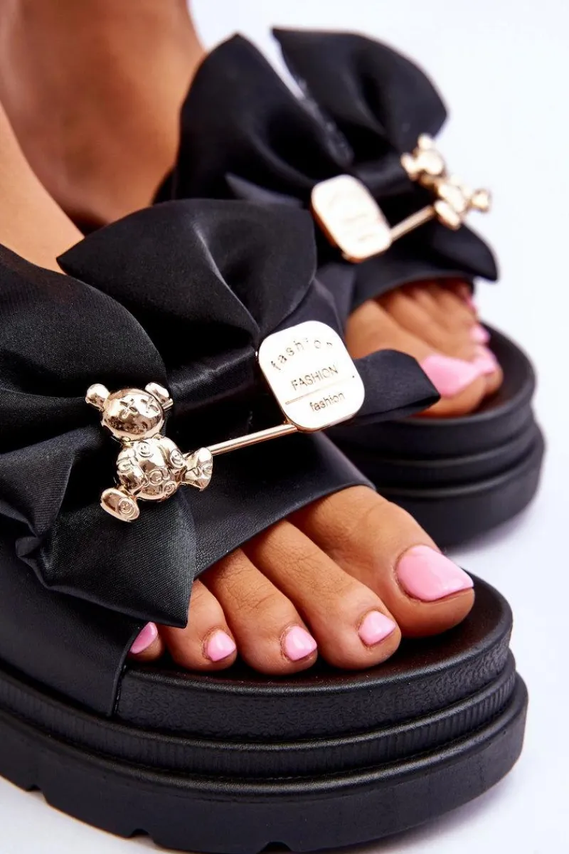 Outlet Boto Klapki Z Kokardą I Ozdobnym Misiem Czarne Suzy