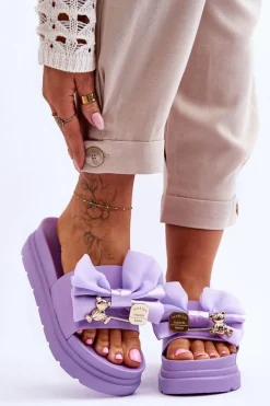 Klapki Z Kokardą I Ozdobnym Misiem Fioletowe Suzy Damskie Klapki Damskie Klasyczne