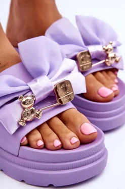 Klapki Z Kokardą I Ozdobnym Misiem Fioletowe Suzy Damskie Klapki Damskie Klasyczne