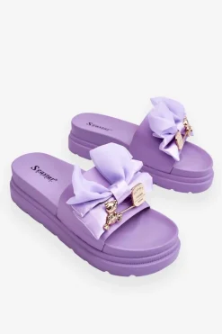Klapki Z Kokardą I Ozdobnym Misiem Fioletowe Suzy Damskie Klapki Damskie Klasyczne