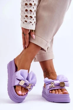 Klapki Z Kokardą I Ozdobnym Misiem Fioletowe Suzy Damskie Klapki Damskie Klasyczne