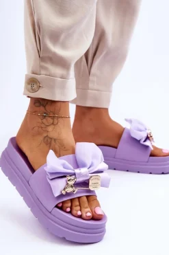 Klapki Z Kokardą I Ozdobnym Misiem Fioletowe Suzy Damskie Klapki Damskie Klasyczne