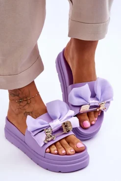 Klapki Z Kokardą I Ozdobnym Misiem Fioletowe Suzy Damskie Klapki Damskie Klasyczne