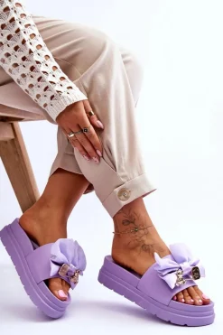 Klapki Z Kokardą I Ozdobnym Misiem Fioletowe Suzy Damskie Klapki Damskie Klasyczne