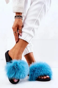 Sale Boto Klapki Z Naturalnym Futerkiem Niebieskie Naturis