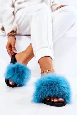 Sale Boto Klapki Z Naturalnym Futerkiem Niebieskie Naturis