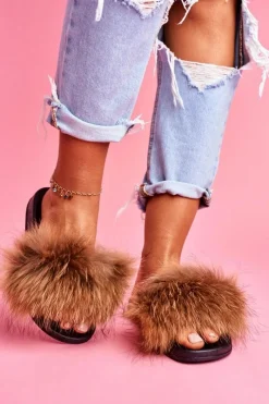 Best Boto Klapki z Naturalnym Futerkiem Camel Elsa