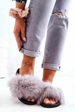 Klapki Z Futerkiem|Klapki Damskie Klasyczne>Boto Klapki Z Naturalnym Futerkiem Szare Naturimo