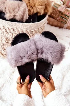 Klapki Z Futerkiem|Klapki Damskie Klasyczne>Boto Klapki Z Naturalnym Futerkiem Szare Naturimo