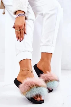 Hot Klapki Z Naturalnym Futerkiem Różowo-Zielone Naturis Damskie Klapki Z Futerkiem|Klapki Damskie Klasyczne