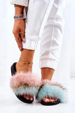 Hot Klapki Z Naturalnym Futerkiem Różowo-Zielone Naturis Damskie Klapki Z Futerkiem|Klapki Damskie Klasyczne