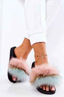 Hot Klapki Z Naturalnym Futerkiem Różowo-Zielone Naturis Damskie Klapki Z Futerkiem|Klapki Damskie Klasyczne