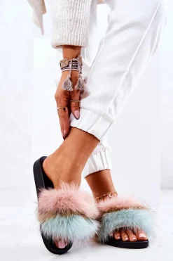 Hot Klapki Z Naturalnym Futerkiem Różowo-Zielone Naturis Damskie Klapki Z Futerkiem|Klapki Damskie Klasyczne