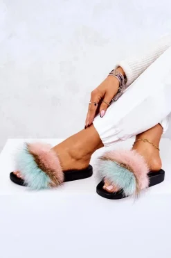 Hot Klapki Z Naturalnym Futerkiem Różowo-Zielone Naturis Damskie Klapki Z Futerkiem|Klapki Damskie Klasyczne