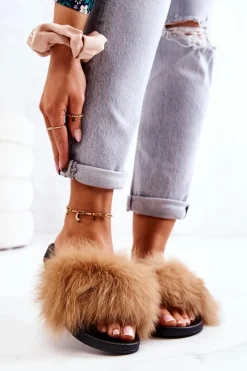 Discount Klapki Z Naturalnym Futerkiem Camel Naturimo Damskie Klapki Z Futerkiem|Klapki Damskie Klasyczne