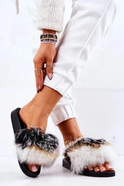 Klapki Z Futerkiem|Klapki Damskie Klasyczne>Boto Klapki Z Naturalnym Futerkiem Biało-Czarne Naturis