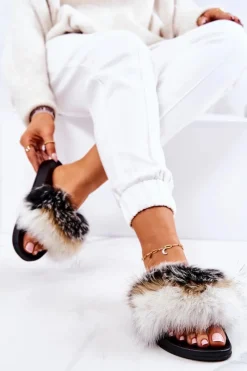 Klapki Z Futerkiem|Klapki Damskie Klasyczne>Boto Klapki Z Naturalnym Futerkiem Biało-Czarne Naturis