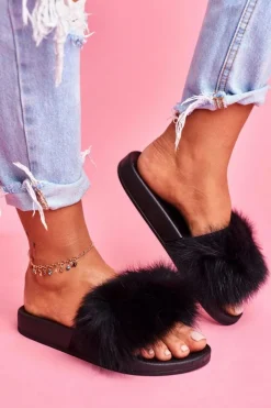 Best Boto Klapki z Naturalnym Futerkiem Czarne Naturis