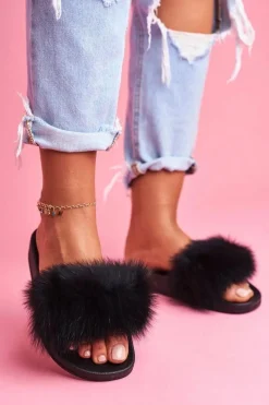 Best Boto Klapki z Naturalnym Futerkiem Czarne Naturis