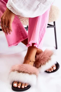 Clearance Klapki Z Naturalnym Futerkiem Biało-Różowe Naturis Damskie Klapki Z Futerkiem|Klapki Damskie Klasyczne