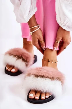 Clearance Klapki Z Naturalnym Futerkiem Biało-Różowe Naturis Damskie Klapki Z Futerkiem|Klapki Damskie Klasyczne