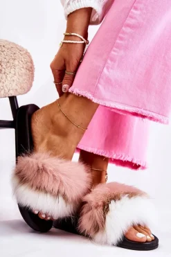 Clearance Klapki Z Naturalnym Futerkiem Biało-Różowe Naturis Damskie Klapki Z Futerkiem|Klapki Damskie Klasyczne