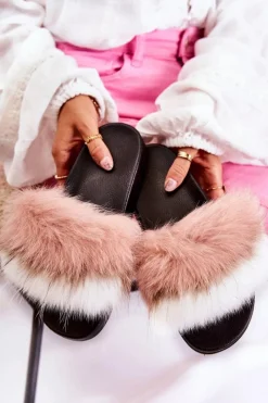 Clearance Klapki Z Naturalnym Futerkiem Biało-Różowe Naturis Damskie Klapki Z Futerkiem|Klapki Damskie Klasyczne