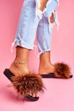 Best Klapki Z Naturalnym Futerkiem Brązowe Elsa Damskie Klapki Z Futerkiem|Klapki Damskie Klasyczne