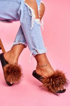 Best Klapki Z Naturalnym Futerkiem Brązowe Elsa Damskie Klapki Z Futerkiem|Klapki Damskie Klasyczne