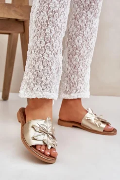 Boto Klapki Z Ozdobą Skóra Naturalna Zazoo 3667 Złote Złoty