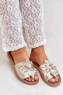 Boto Klapki Z Ozdobą Skóra Naturalna Zazoo 3667 Złote Złoty