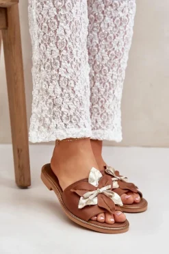 Klapki Damskie Klasyczne>Boto Klapki Z Ozdobą Skóra Naturalna Zazoo 3574/Z Camel Brązowy