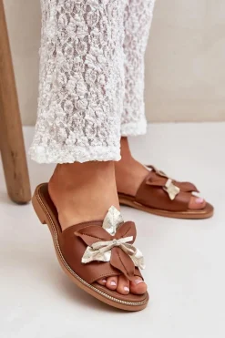 Klapki Damskie Klasyczne>Boto Klapki Z Ozdobą Skóra Naturalna Zazoo 3574/Z Camel Brązowy