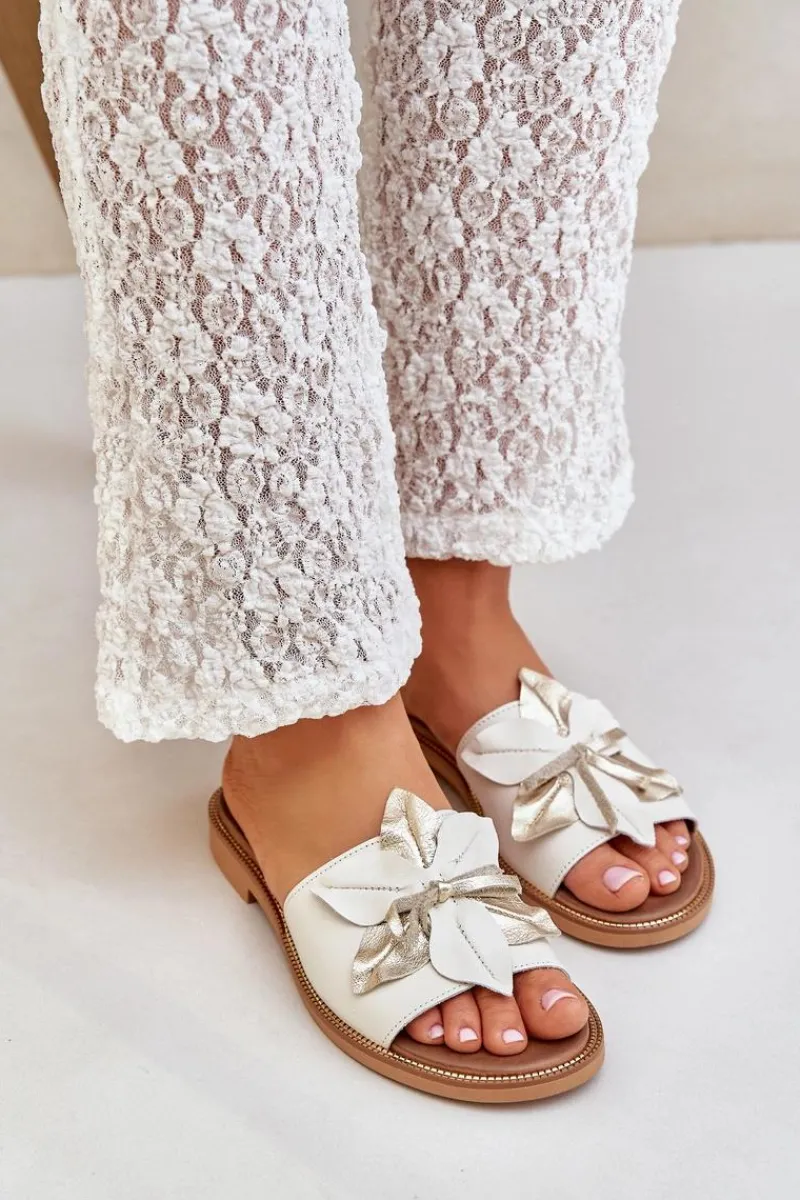 Klapki Damskie Klasyczne>Boto Klapki Z Ozdobą Skóra Naturalna Zazoo 3667 Białe Biały