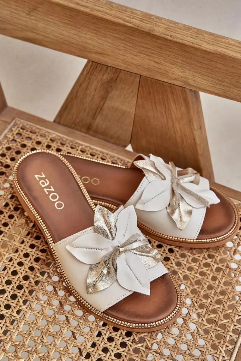 Klapki Damskie Klasyczne>Boto Klapki Z Ozdobą Skóra Naturalna Zazoo 3667 Białe Biały